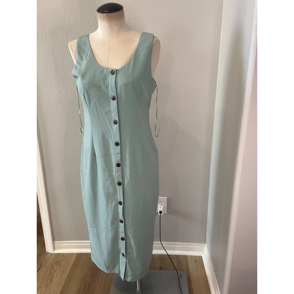 Double You Sage Green Sleeveless Midi Dress Button Front Women's Size M